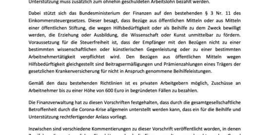 Mandanteninformation zur Auszahlung einer lohnsteuer- und sozialversicherungsfreien Beihilfe und Unterstützung