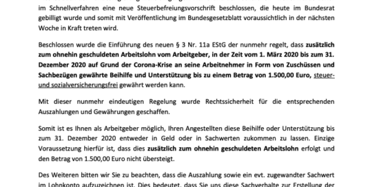 Mandanteninformation zur Auszahlung einer lohnsteuer- und sozialversicherungsfreien Beihilfe und Unterstützung II