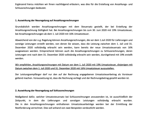 Mandanteninformation Änderung Umsatzsteuersatz Anzahlungen