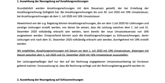 Absenkung der Umsatzsteuersätze zwischen dem 1 Juli 2020 und 31. Dezember 2020 – Auswirkungen auf Anzahlungs- und Schlussrechnungen
