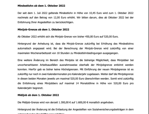 Mandanteninformation Änderungen Mindestlohn, Minijobs und Midijobs ab Oktober 2022