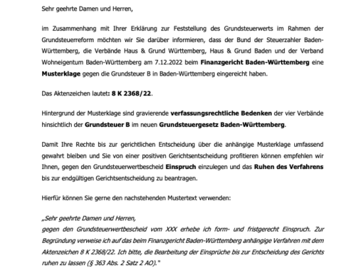 Mandanteninformation Grundsteuererklärung – Einspruch gegen den Grundsteuerwertbescheid