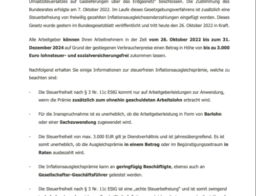 Mandanteninformation Inflationsausgleichsprämie kann ab sofort ausbezahlt werden