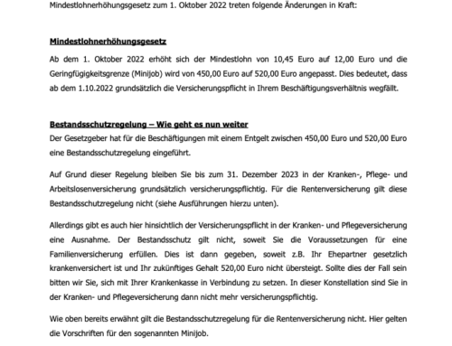 Mitarbeiterinformation Bestandsschutzregelungen für Beschäftigte im Bereich zwischen 450,00 Euro bis 520,00 Euro ab dem 1. Oktober 2022