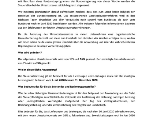 Mandanteninformation Änderung Umsatzsteuersatz zum 1. Juli 2020