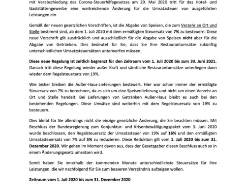 Mandanteninformation Änderung Umsatzsteuersatz zum 1. Juli 2020 für das Hotel- und Gaststättengewerbe