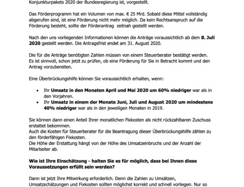 Mandanteninformation Überbrückungshilfe – Teil 2